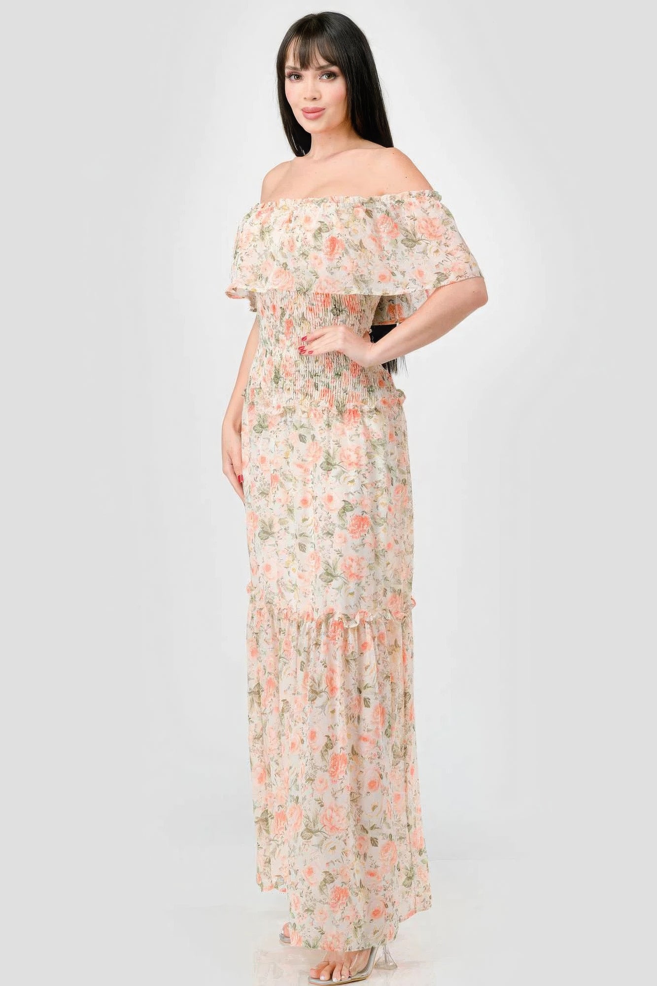 Floral Chiffon Off Shoulde Ruffled Tiered Maxi Dress