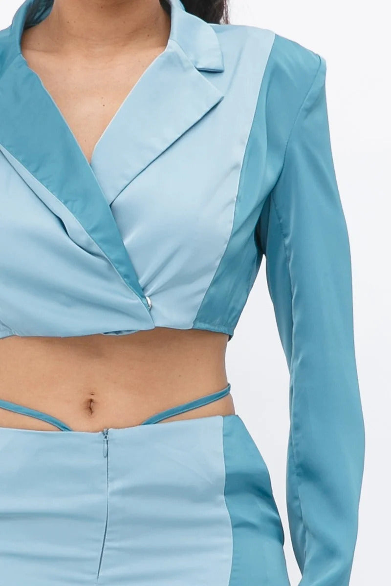 Blazer corto con bloques de color y pantalón ancho de talle bajo a juego con bolsillos