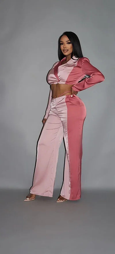 Blazer corto con bloques de color y pantalón ancho de talle bajo a juego con bolsillos