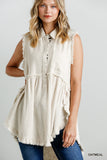 Linen Blend Sleeveless  Button Front Tunic With Frayed Round Hems