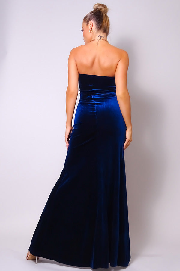 blue velvet strapless dress Maine - Strapless Plain Velvet Midi Mermaid Dress